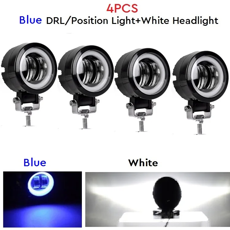 4pcs Blue DRL 12 В 24 в 3 дюйма 20 Вт светодиодный рабочий светильник 4X4 трактор внедорожный позиционный светильник внедорожный бампер на крышу лампа красный синий белый ангельские глазки мотоцикл - Цвет: 4pcs Blue DRL
