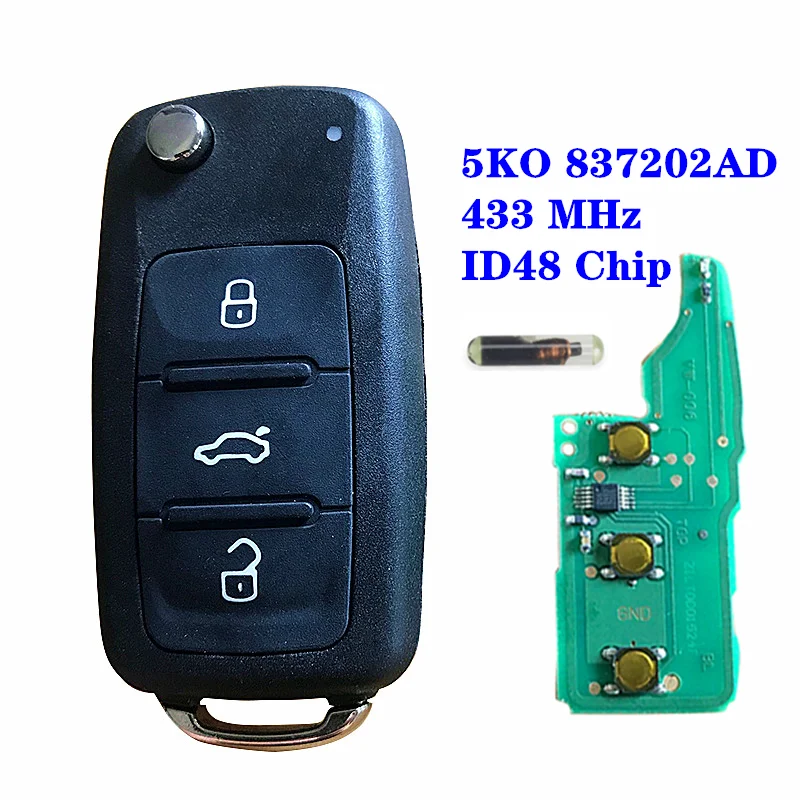 Дистанционный ключ 433 МГц ID48 чип для VW/VOLKSWAGEN Caddy Eos Golf Jetta Beetle Polo Up Tiguan Touran 5K0837202AD 5K0 837