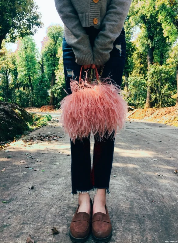 2022 Luxury Ostrich Feather Party Evening Clutch Bag Women Wedding Purses and Handbags Small Shoulder Chain Bag Designer Bag