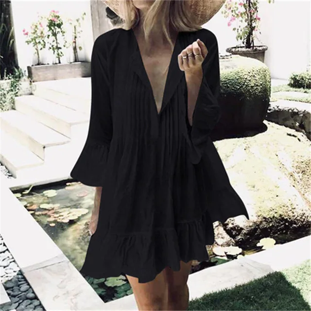 Сексуальное летнее пляжное платье в стиле бохо, женская пляжная одежда, хлопковая Туника размера плюс, Свободная Женская одежда, Клубные вечерние платья - Цвет: Q606 Black