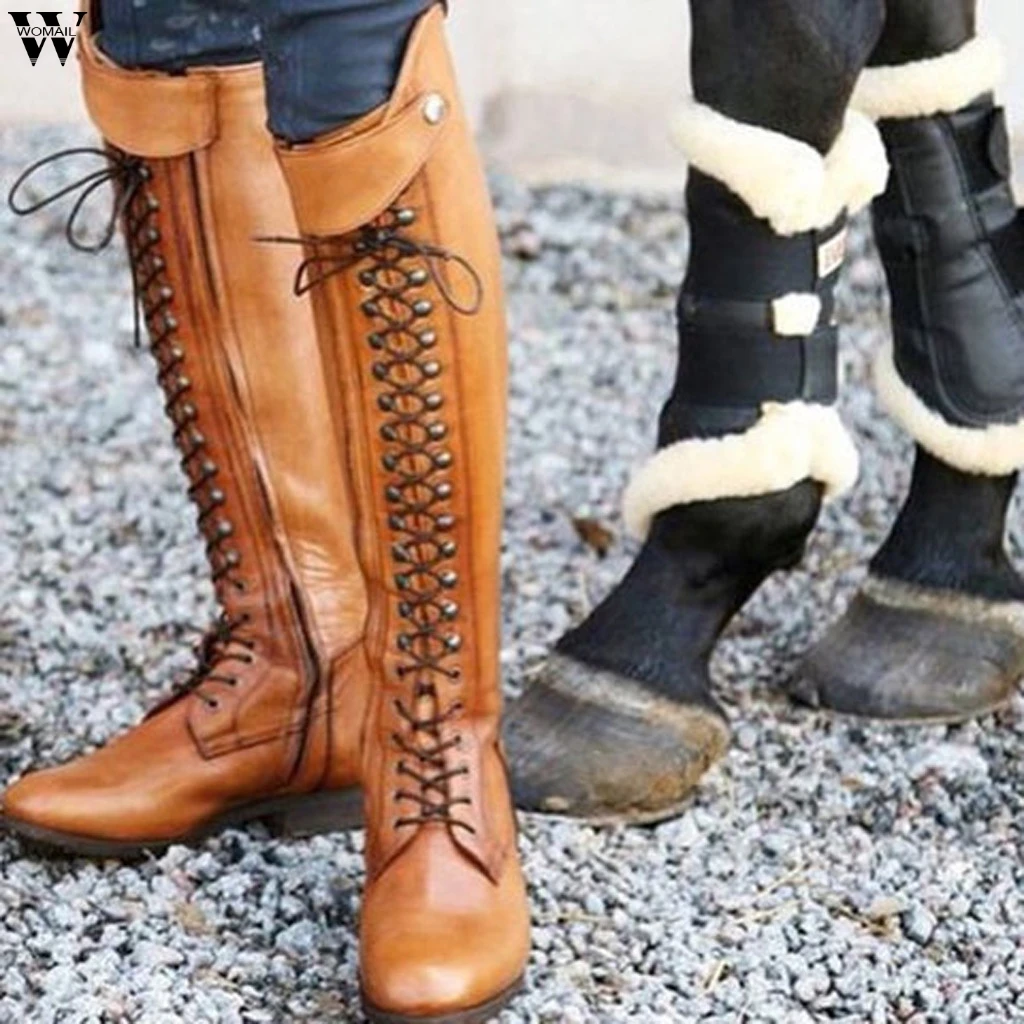 Высокие сапоги в стиле милитари из искусственной кожи; женские сапоги до колена на шнуровке на низком каблуке в байкерском стиле; ботинки в байкерском стиле; обувь; 7,22