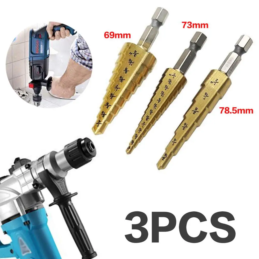 

3pcs HSS Steel Step Drill Bit Reamer Kit Reamer Titanium Hexagon Cutter Taper Accessory Coated Hex Head Industrial Cone Tool Set