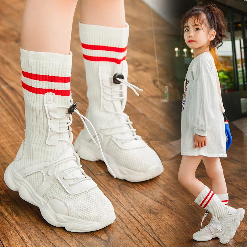 

Brand Girls Boots Spring autumn Children Flying Sneakers Girls High Top Socks Boot Kids Breathable Soft Running Shoes