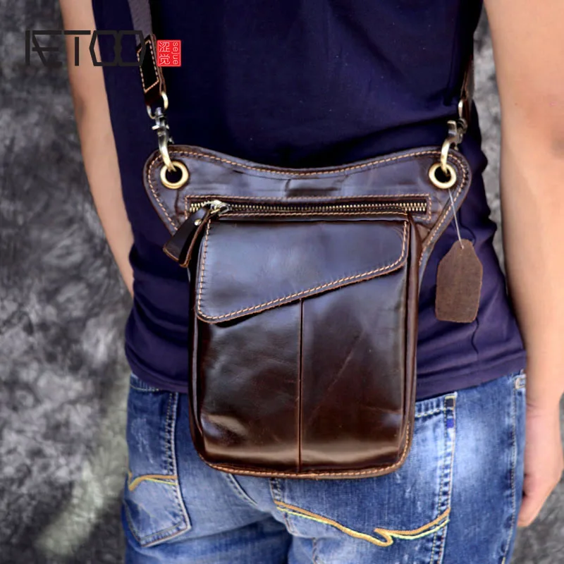

BJYL oil wax leather men's pockets purse casual bag head leg bag retro mobile phone bag leather waist diagonal bag mini bag