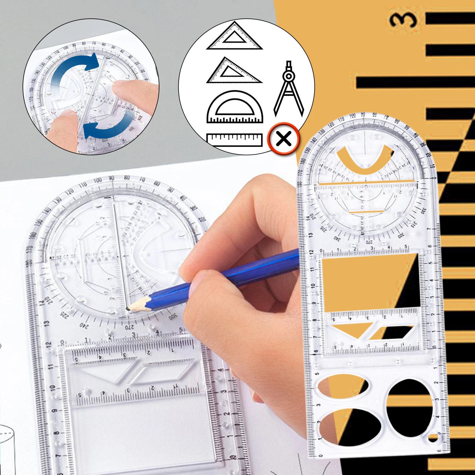 D Multifunctional Geometric Ruler,Drawing Ruler,Geometric Drawing Template Measuring Tool Plastic Draft Rulers for School Office Supplies for School Office Supplies