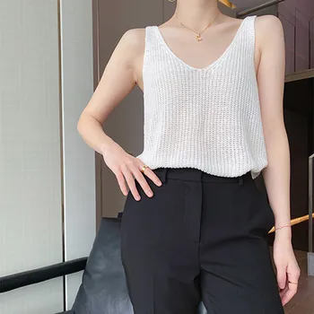 

Women's Double V-neck Linen Knit Camisole Top Solid Color Vest Simple Loose Sexy Sleveeless Tank Top