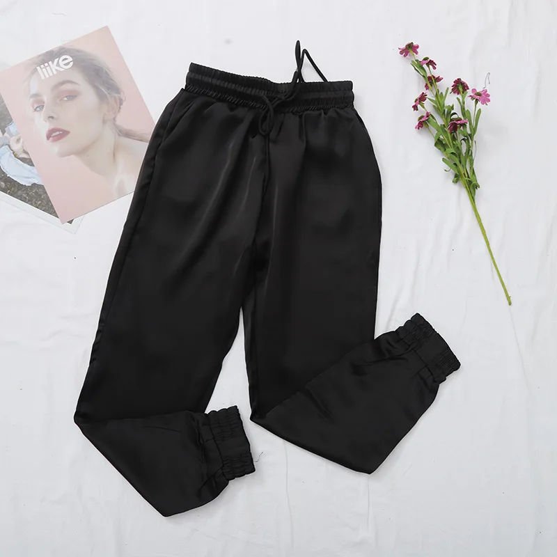Высокая талия Джоггеры для женщин атласные брюки женские модные брюки для бега женские тренировочный штаны Зимние женские брюки элегантные черные розовые
