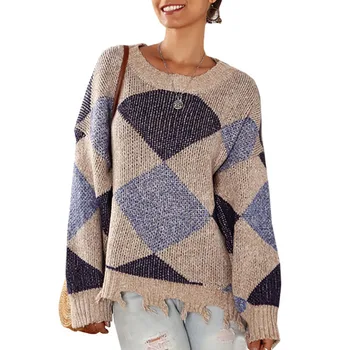 

Autumn Winter Women Sweaters Geometric Pattern Long Sleeve Pullovers Hand Knitted Loose O-Neck Sweaters 2Colors