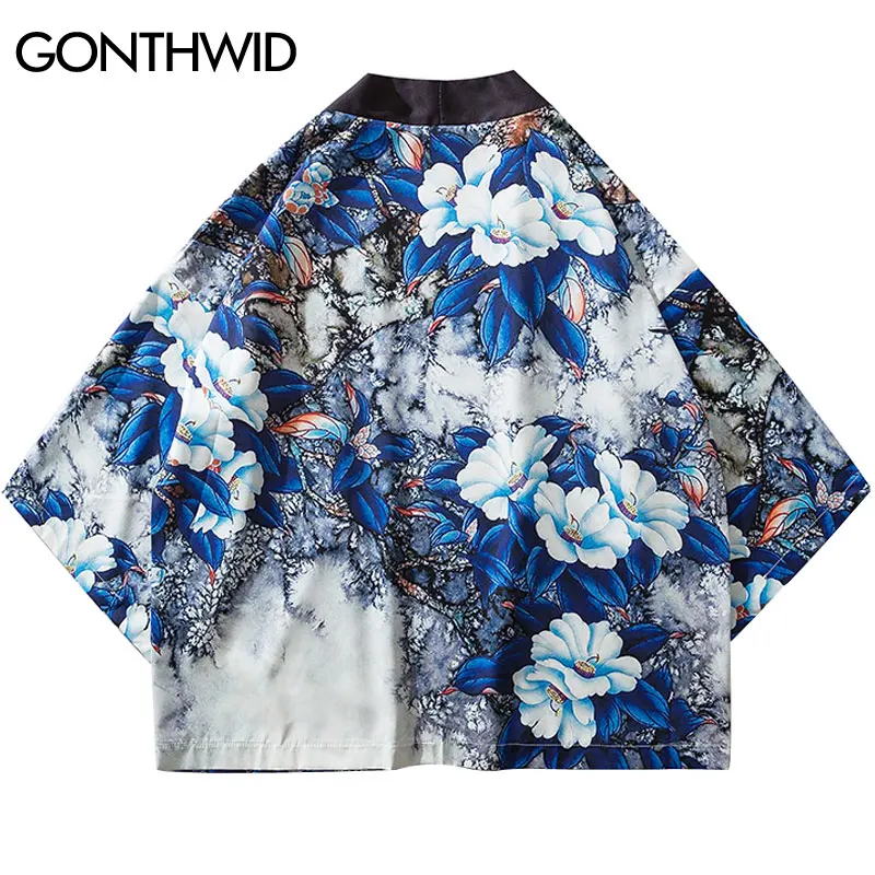 

GONTHWID Japanese Style Flowers Print Kimono Front Open Jackets Harajuku Casual Kimono Cardigan Jacket Streetwear Hip Hop Coats