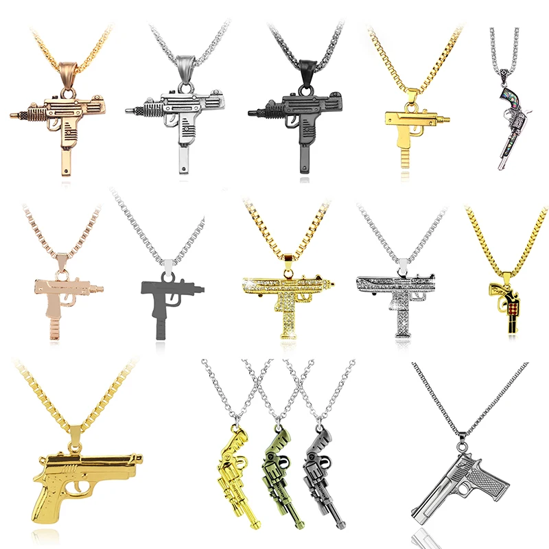 

Personalized UZI Gun Pendant Necklace Iced Out Crystal Long Chain Pistol Submachine Gun Necklace Women Men Unisex Hiphop Jewelry