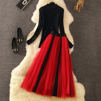 

fashion two pieces women skirts sets black knitted turtleneck sweaters and mesh skirts ankle length skirts lady skirts suits