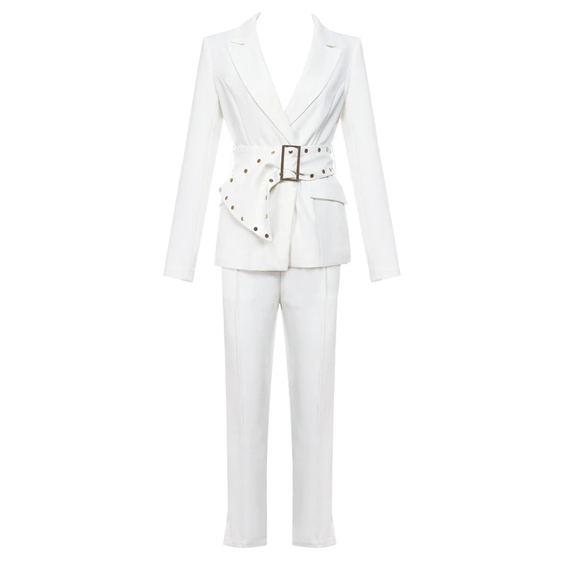Bqueen, модный блейзер с отложным воротником, с поясом, Длинные брючные костюмы, комплект для формальных женщин, для офиса, для леди, 2 предмета в комплекте