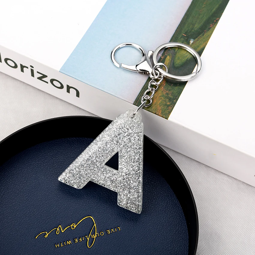 1PC Women Keychains  Handbag  Car Pendants 26 English Letter Keyring  Charms   Glitter Resin Word
