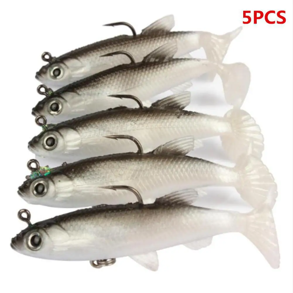

5PCS Sea Bass Lead soft bait Aritificial Silicone Fishing Lures Bass with T Tail Fishing Lure Single Hook Pike Fishing Tackle