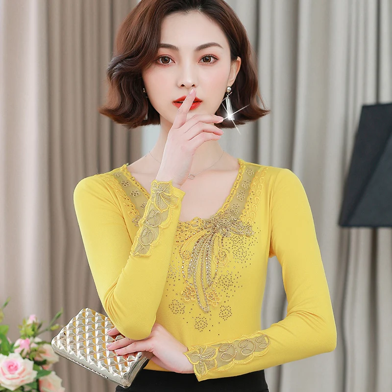  Lace blouse shirt slim women blouses 2019 autumn and winter Embroidery V-neck stitching Diamonds pl