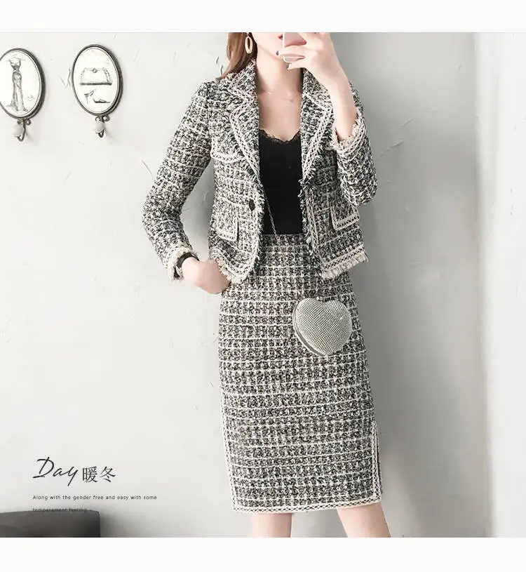 Heydress Осенняя клетчатая Женская куртка с карманом Офисная женская элегантная шерстяная куртка на одной пуговице женские тонкие пальто с отложным воротником - Цвет: Черный