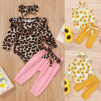

3PCS Set Newborn Baby Girls Clothing Set Tracksuit Romper Jumpsuit Tops Floral Pants Headband Outfits Clothes Set 0-18Months D30