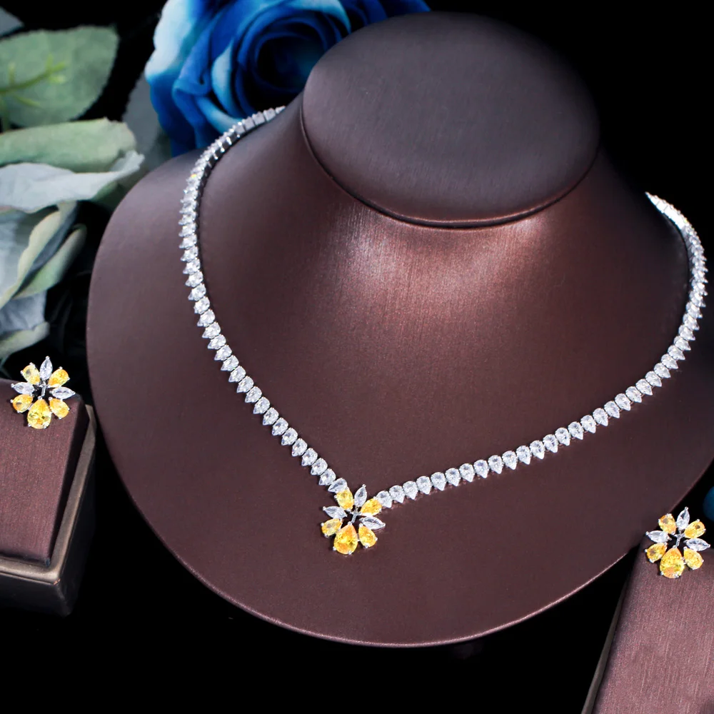 

CWWZircons Shiny Yellow Cubic Zirconia Women Party Engagement Wedding Flower Necklace Earrings Jewelry Set Bridesmaid Gift T586