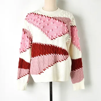 

[EWQ] 2020 Spring Autumn Hit Color Stitching Three-dimensional Knitting Ball Round Collar Sweater Pullover Female 3AJ78411