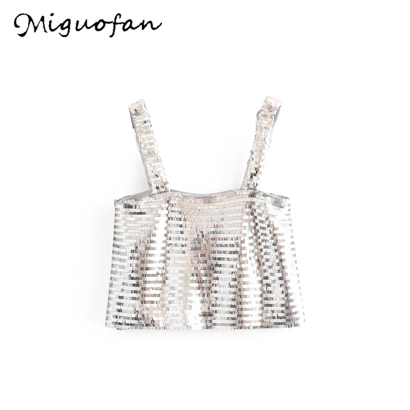 Miguofan, женские топы, майки, Короткие топы, сексуальные майки, вечерние топы, блестящие короткие топы с блестками, женские сексуальные топы без рукавов для ночного клуба - Цвет: Серебристый