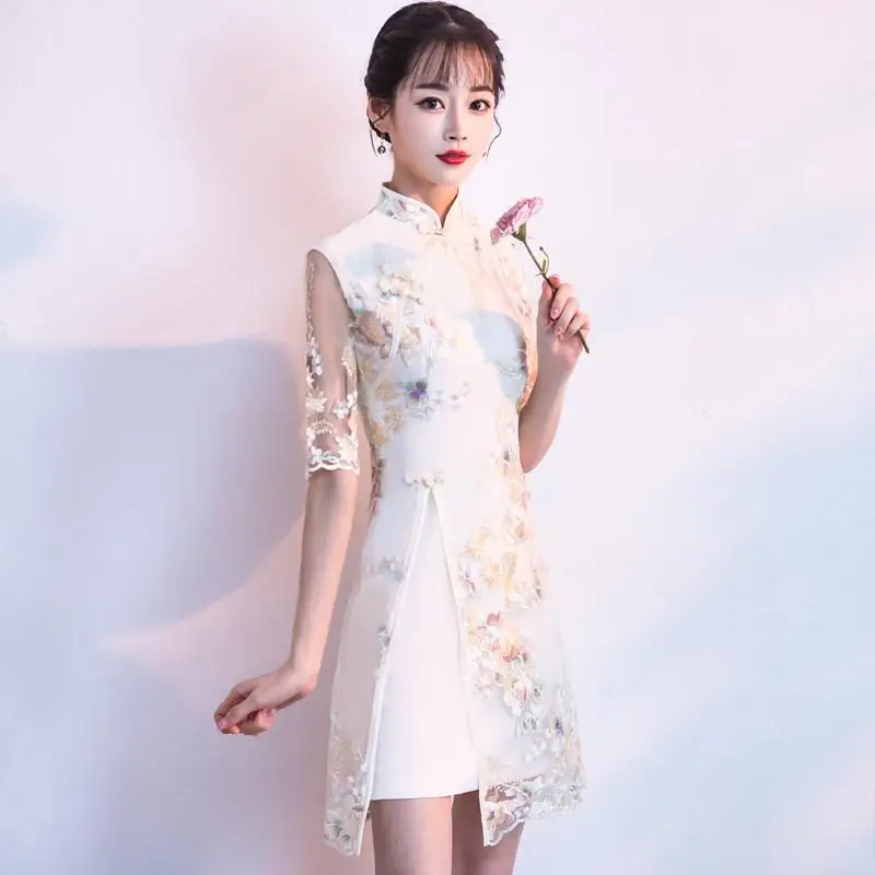 Женское сексуальное платье Cheongsam, Благородное кружево, пэтчворк, Сплит, китайское вечернее платье, традиционная вышивка, Qipao, классическое платье - Цвет: champagne split
