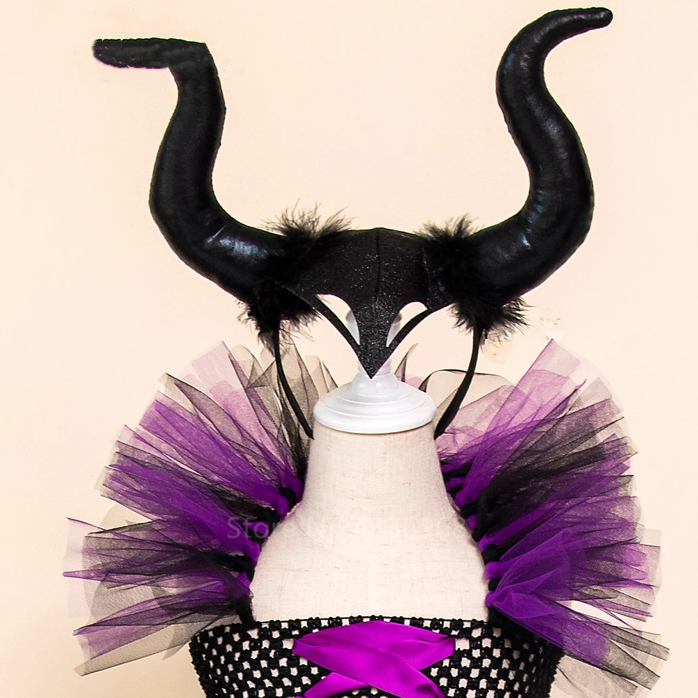 Maleficent of Evil queen/юбка-пачка для девочек; платье с рогами; костюм ведьмы на Хэллоуин; карнавальные вечерние костюмы для девочек