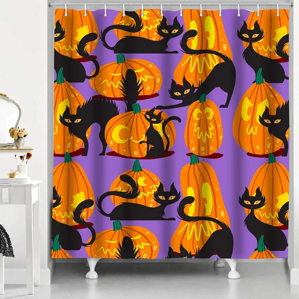 

Cat Shower Curtain Autumn Purple Cute Pumpkin Halloween Cartoon Bathtub Screen Waterproof Bath Curtains with Hooks Bathroom Deco