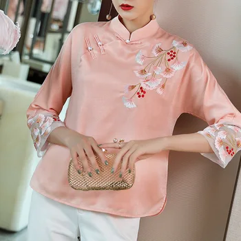 

Chinese Style Vintage Womens Embroidery Yelow 3/4 Sleeve Cheongsam Blouse Top Shirt , Spring Summer Woman Tops Blouses