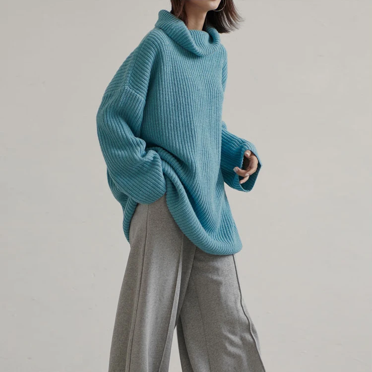 

2019 Winter Sweater Women Solid Blue Black Turtleneck Oversized Pullover Sweater Casual Fashion Pullover Knit Streetwear