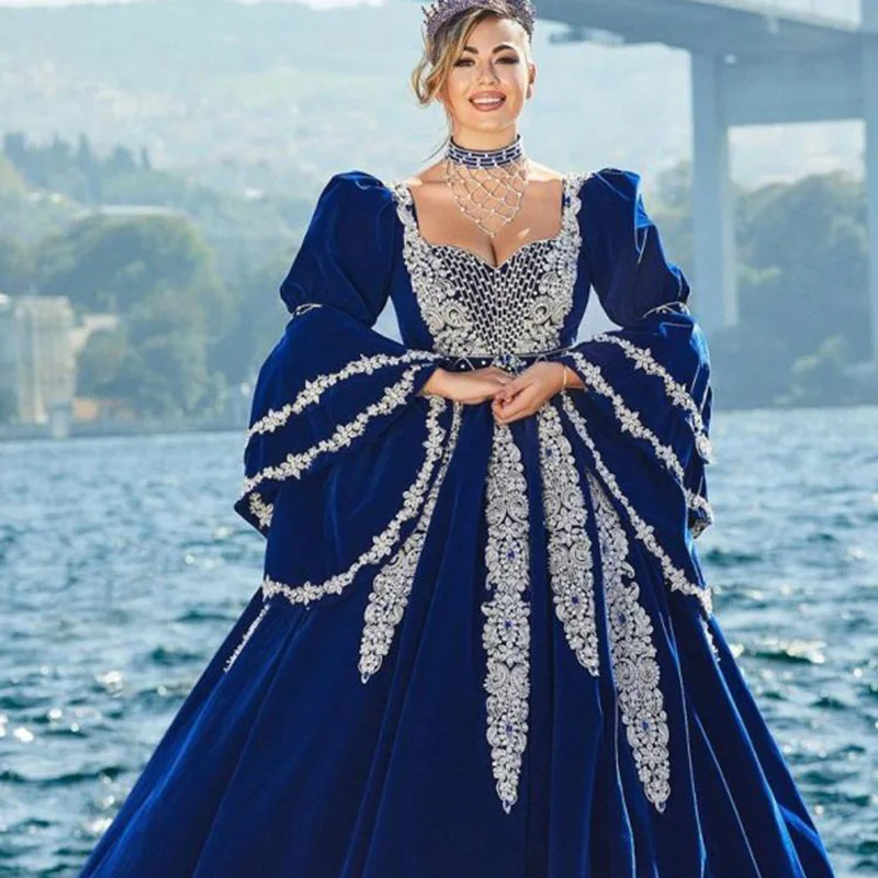 Classic Blue Princess Quinceanera Dress Ball Gown Long Puffy Sleeves Sweetheart Velvet Pageant Occasion Party Dress Prom Gowns gold prom dress Prom Dresses