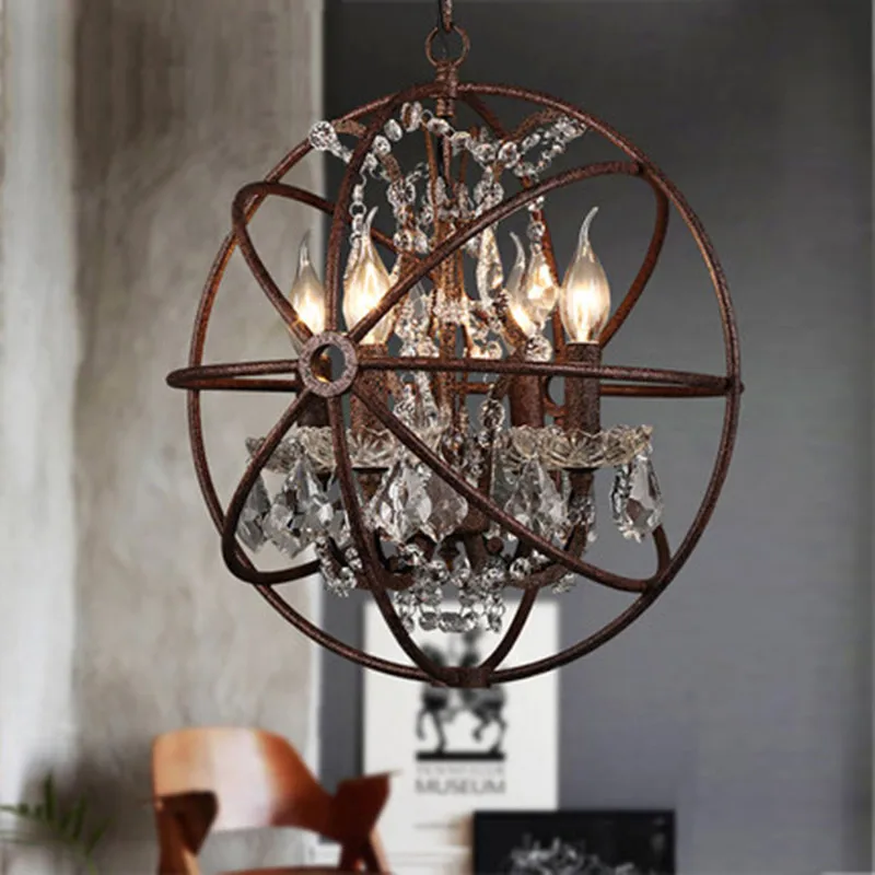 Dia55cm 5 Lights American Industrial Cage Crystal Rust/Black Pendant Lights Nordic Iron Chain Pendant Lamp Vintage Hanging Light - Body Color: D55cm 5 Lights rust