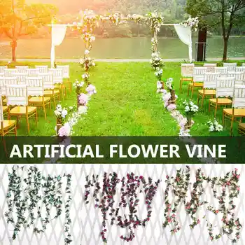 

Silk Artificial Roses Flowers Vine Rattan String with Green Leaves For Home Garden Decoration Hanging Garland Wall Wedding Decor