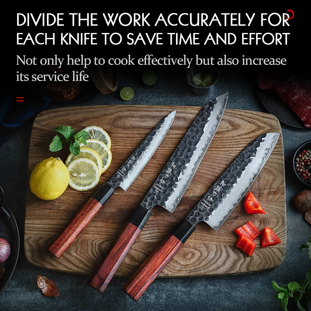 Kitchen Knives 1-3PC Chef Utility Santoku Professional Clad Steel Japanese Cook For Meat Red Wood