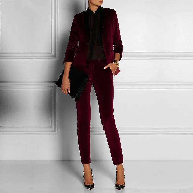 

Women Pant Suits Wine Red Velvet Women Ladies Business Office Tuxedos Formal Work Wear New Fashion Suits