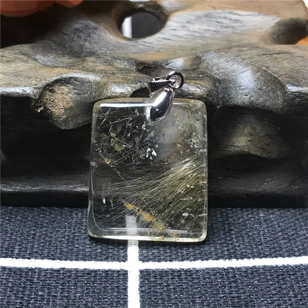 Натуральный Золотой рутиловый кварц кулон для женщин леди прямоугольный Хрустальный 26x21x7 мм прозрачный камень 925 серебро ожерелье кулон AAAA