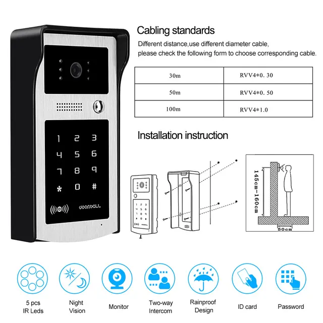 Wired 700TVL RFID Video Intercom Doorbell Door Phone Call Panel with IR Light Vision Camera Outdoor Rainproof for Home Apartment 6