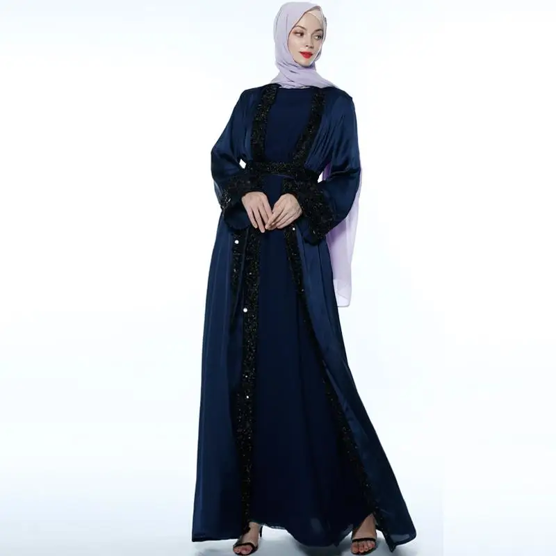 Мусульманские женщины Блестки abaya открытый Кафтан Дубай кимоно джильбаб кардиган атласное платье Исламская одежда арабский
