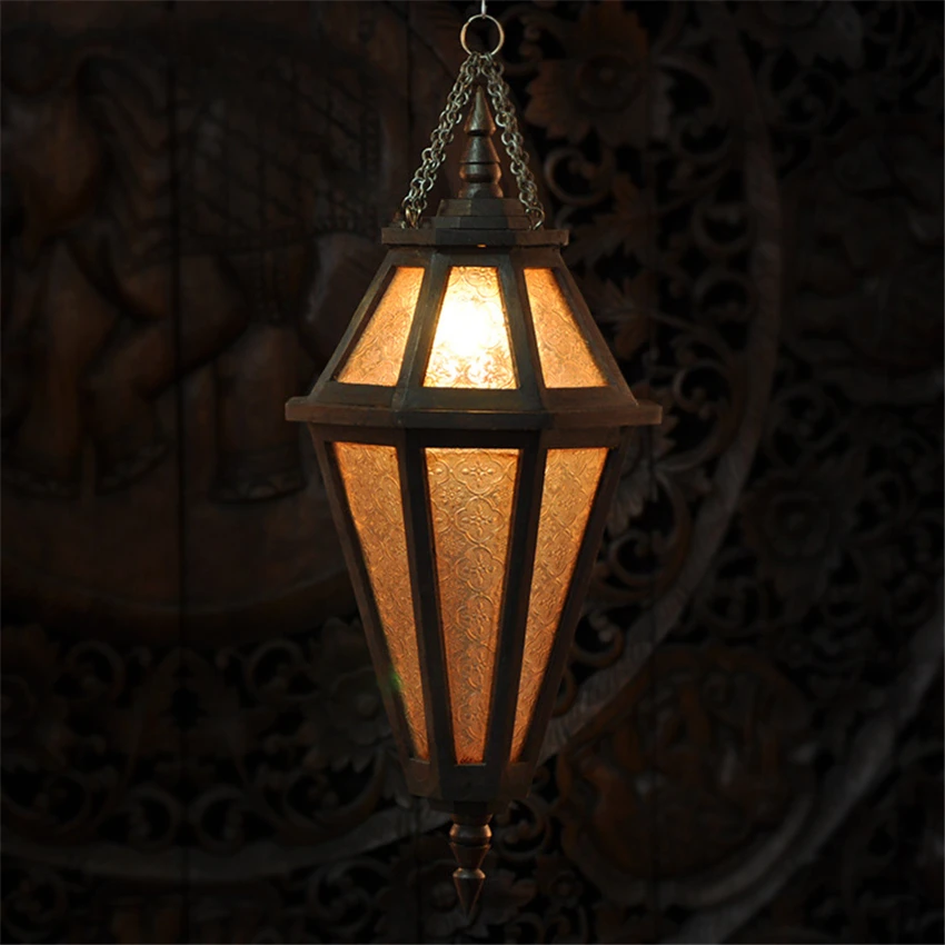Southeast Asia Diamond-shaped Glass Pendant Lights Bedroom Bedside Lamps Thai Decoration Loft Vintage Solid Wood Hanging Lights