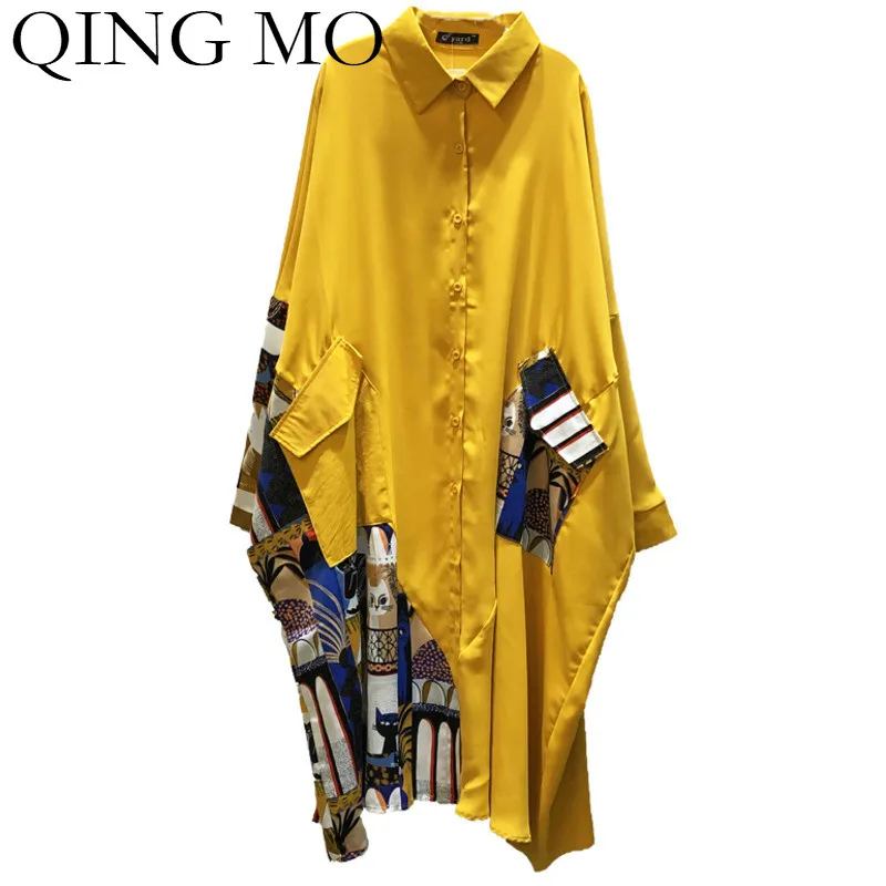 Женская Асимметричная рубашка QING MO черная желтая составного кроя с принтом и