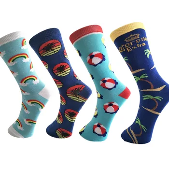 

Cartoon Seaside Series Men Sock Rainbow Coconut Tree Men Crew Socks Unisex Casual Adult Cotton Fashion Personality Trend Sokken