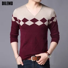 Новинка, модный брендовый мужской свитер, пуловер с узорами, облегающие вязаные джемперы с v-образным вырезом, осенняя повседневная мужская одежда в Корейском стиле