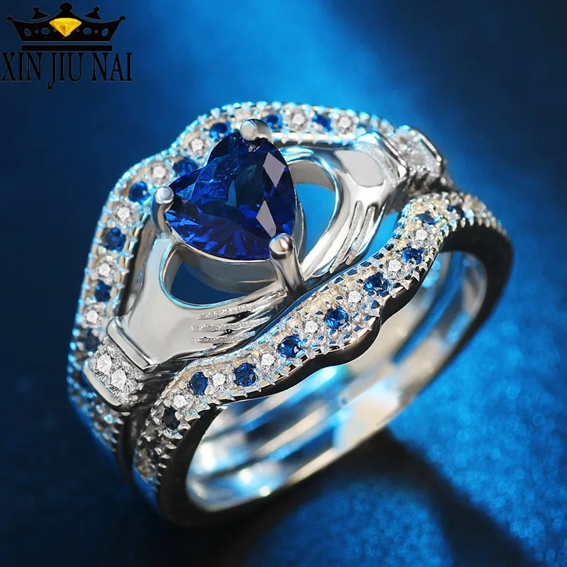 

3 colors 3 /pcs set of ringsWomen's Charming Heart Shape Blue Silver Ring Ring Set Jewelry Gift wholesale lots bulk