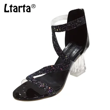 

LTARTA 2020 Summer New Sexy Sequins Back Zipper Roman Women's Shoes Crystal Heel Open Toe Fish Mouth High Heel Sandals JXQ