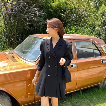 

Women Female Dress One-Piece Sexy Slim X-Line Formal Party Blazer Coat Unique Metallic Buttons Double-Breasted