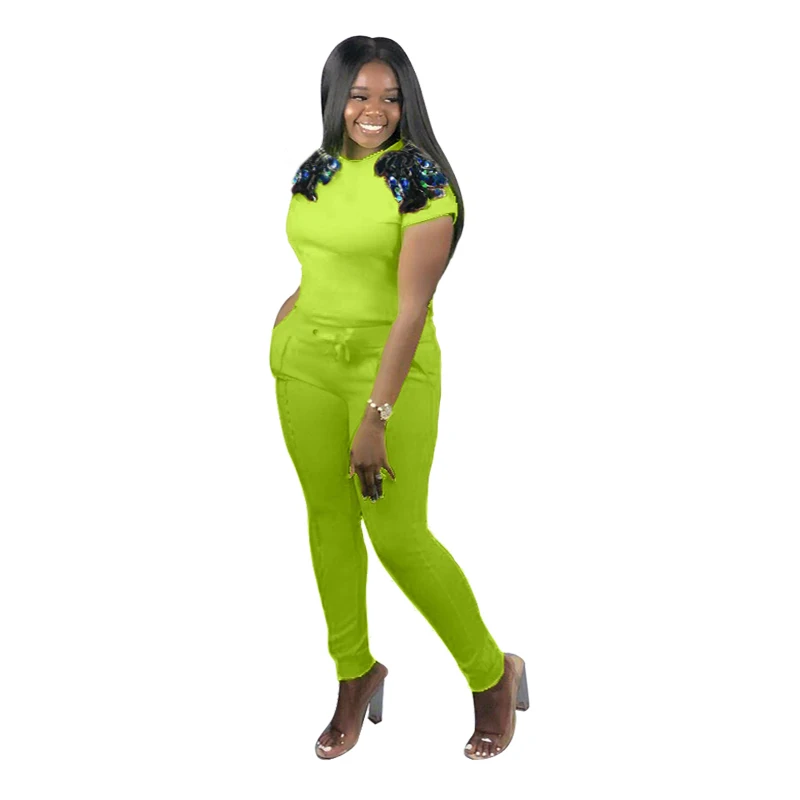 

Women Two Piece Outfits 2019 Summer Fashion Women Sequins O-Neck Short Sleeve Top Pencil Long Pants Casual Suit Two Piece Set