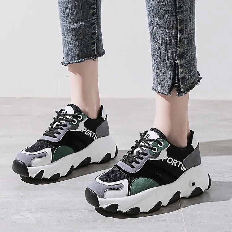Ulzzang/женские кроссовки на массивном каблуке; Модные Разноцветные Повседневные кроссовки для бега; женская Вулканизированная обувь на платформе со шнуровкой;