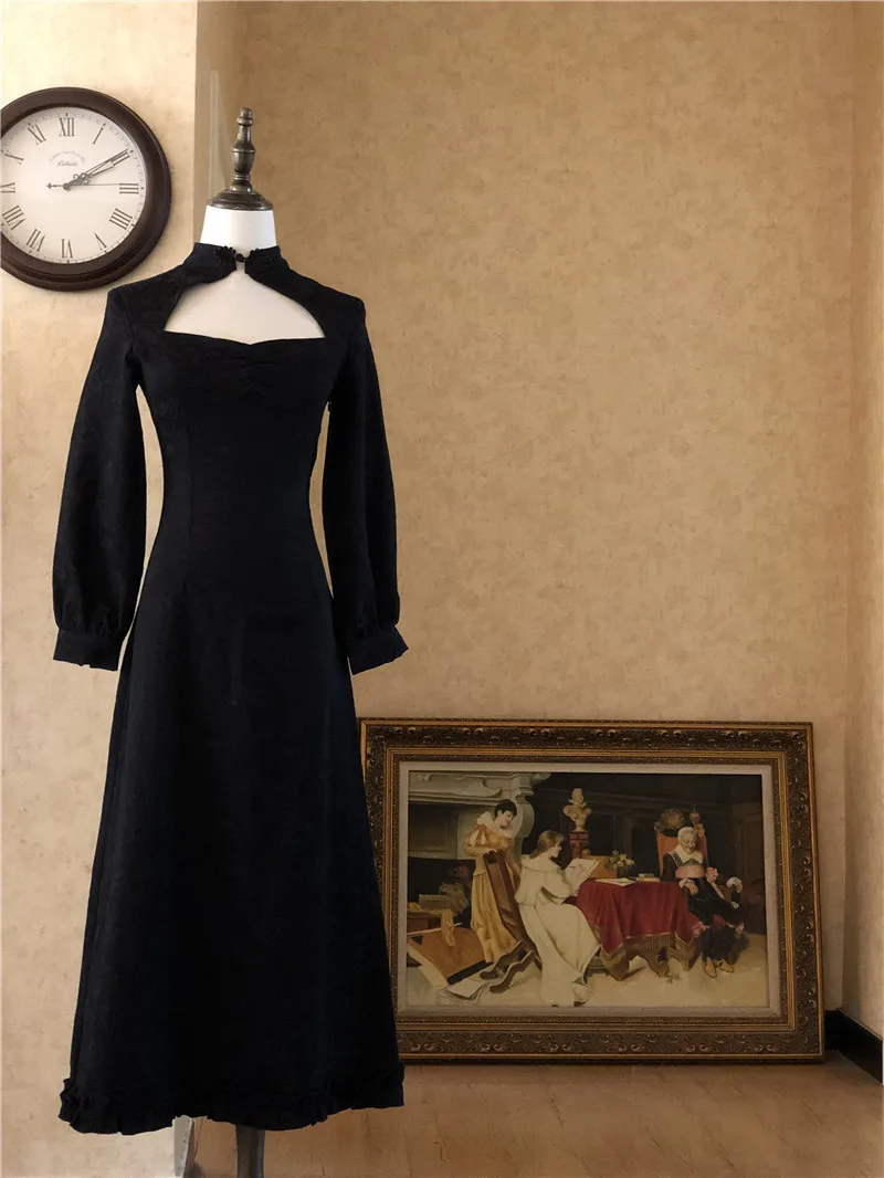 

Autumn & Winter WOMEN'S Dress Retro Long Skirts Cheongsam Style Black And White with Pattern Long-sleeved Dress Elegant Goddess-