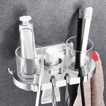 

1PCS Space Aluminum Portable Free Punch Toothbrush Rack Double Brush Cup Holder with Hooks for Bathroom