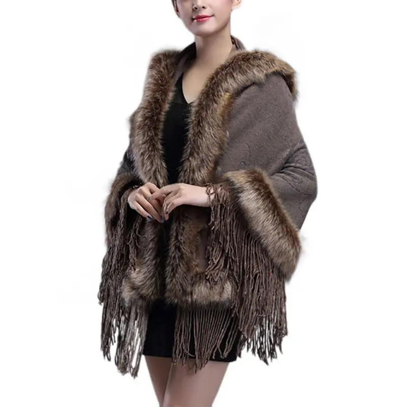 Зимний женский с капюшоном шапка e пушистое пальто роскошный из искусственной лисы меховая шапка e пальто с капюшоном и кисточками