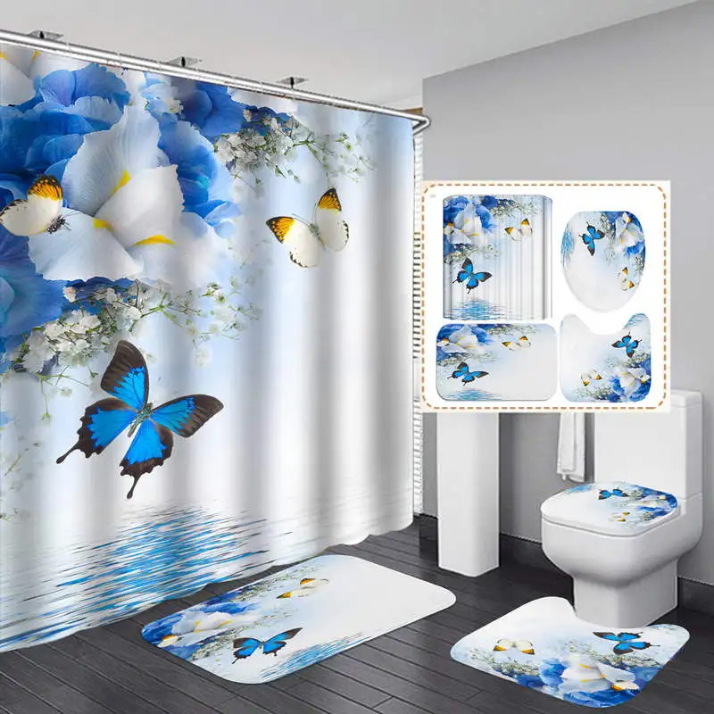 

Flower Butterfly Flannel Bath Mat Toilet Cover Rugs Fabric Shower Curtain With 12 Hooks Home Bathroom Decor Set